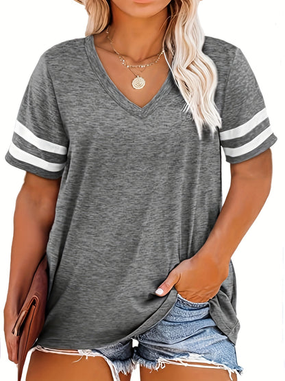 Camiseta con cuello en V y bloques de color de talla grande para mujer - Camiseta informal de manga corta ligeramente elástica - XL, 2XL, 3XL, 4XL, 5XL, 6XL, 7XL, 8XL 