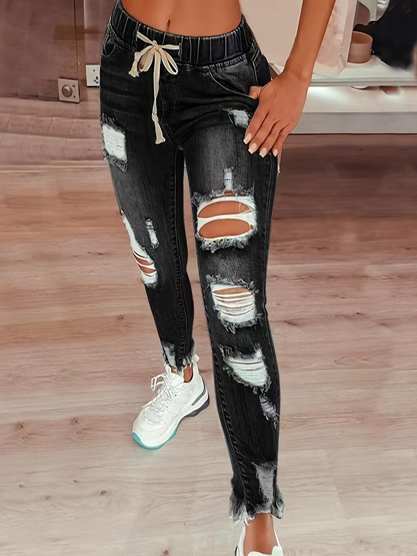 Women's High Waist Ripped Denim Jeans - Casual Raw Hem Slash Pocket Skinny Stretch Pants