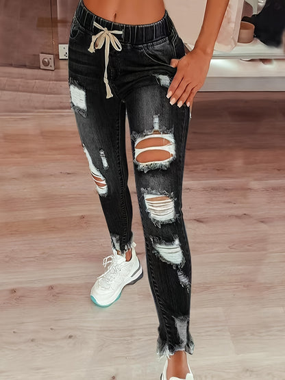 Women's High Waist Ripped Denim Jeans - Casual Raw Hem Slash Pocket Skinny Stretch Pants