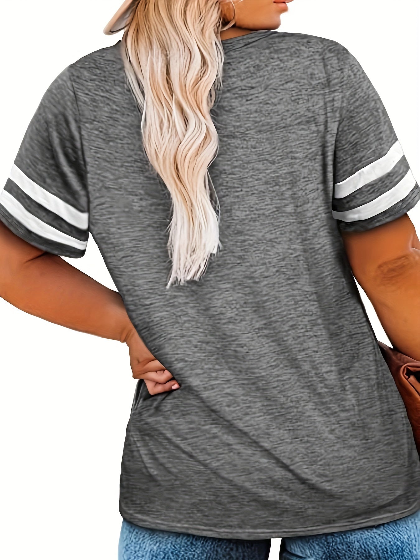 Camiseta con cuello en V y bloques de color de talla grande para mujer - Camiseta informal de manga corta ligeramente elástica - XL, 2XL, 3XL, 4XL, 5XL, 6XL, 7XL, 8XL 
