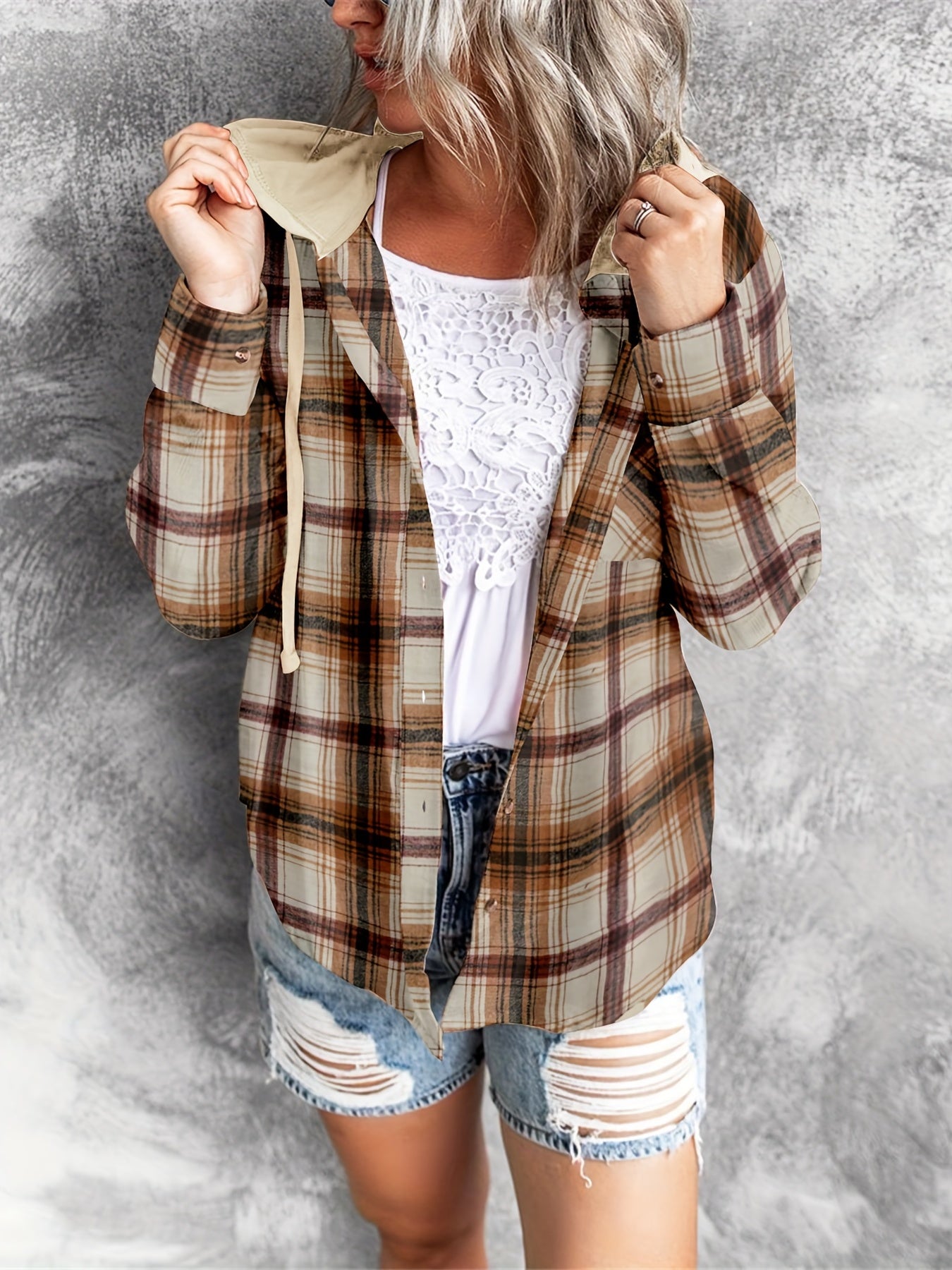 Plaid Print Hooded Shirt - Casual Long Sleeve Drawstring Shirt Hoodie - Various Color Options