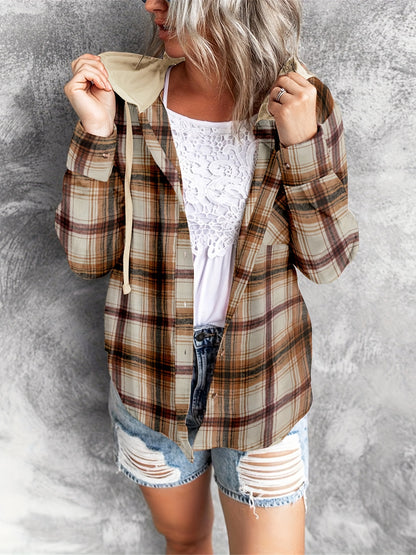 Plaid Print Hooded Shirt - Casual Long Sleeve Drawstring Shirt Hoodie - Various Color Options