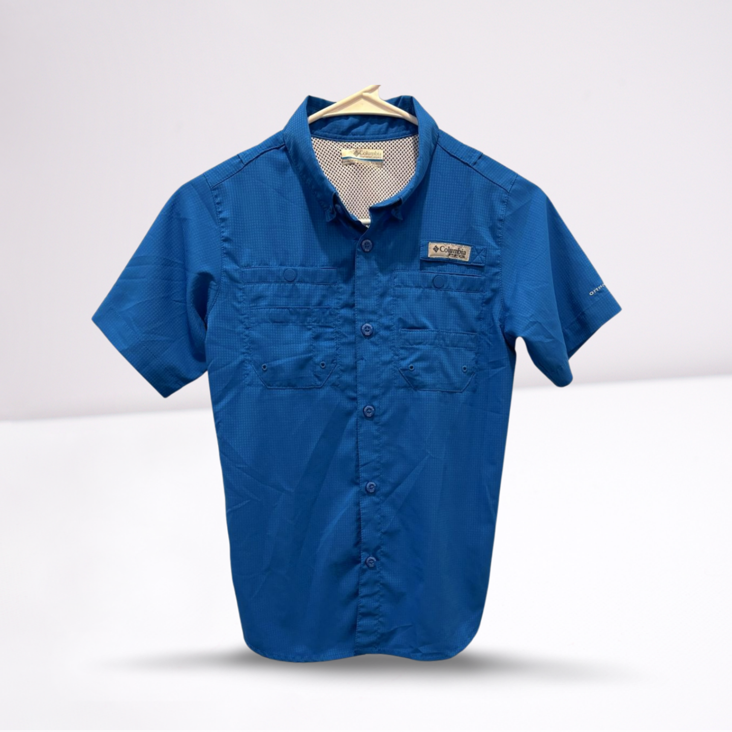 Youth Boys Columbia Short Sleeve Button Down Shirt Size Youth Medium Blue Solid
