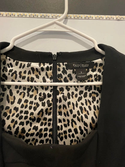 White House Black Market Black Sheath Dress w/ leopard satin lining Sz 2 - Like New