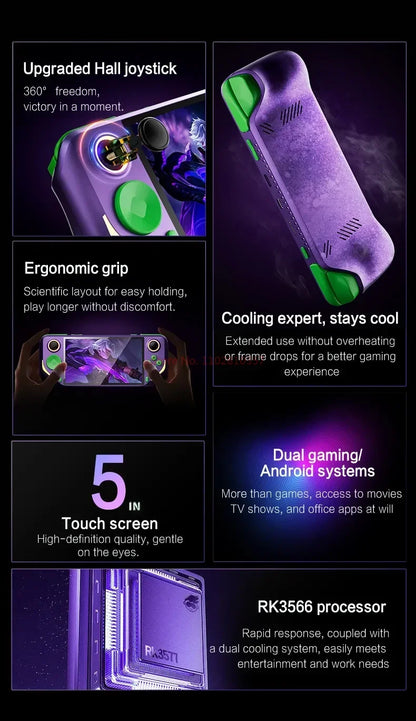 E6 Plus Handheld Rk3566 Dual System Game Console 5.0-Inch Touch Screen Emulator Purple Green