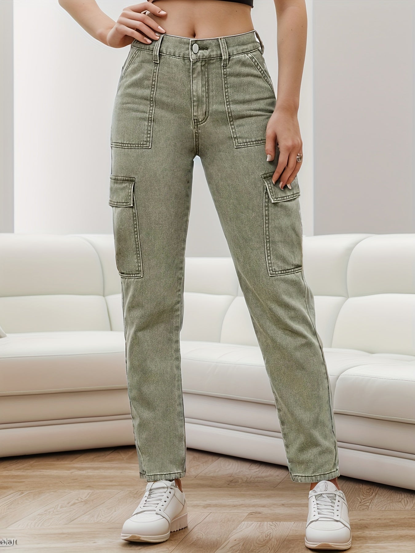 Vaqueros cargo con bolsillo con solapa lateral verde liso, pantalones vaqueros informales de talle medio