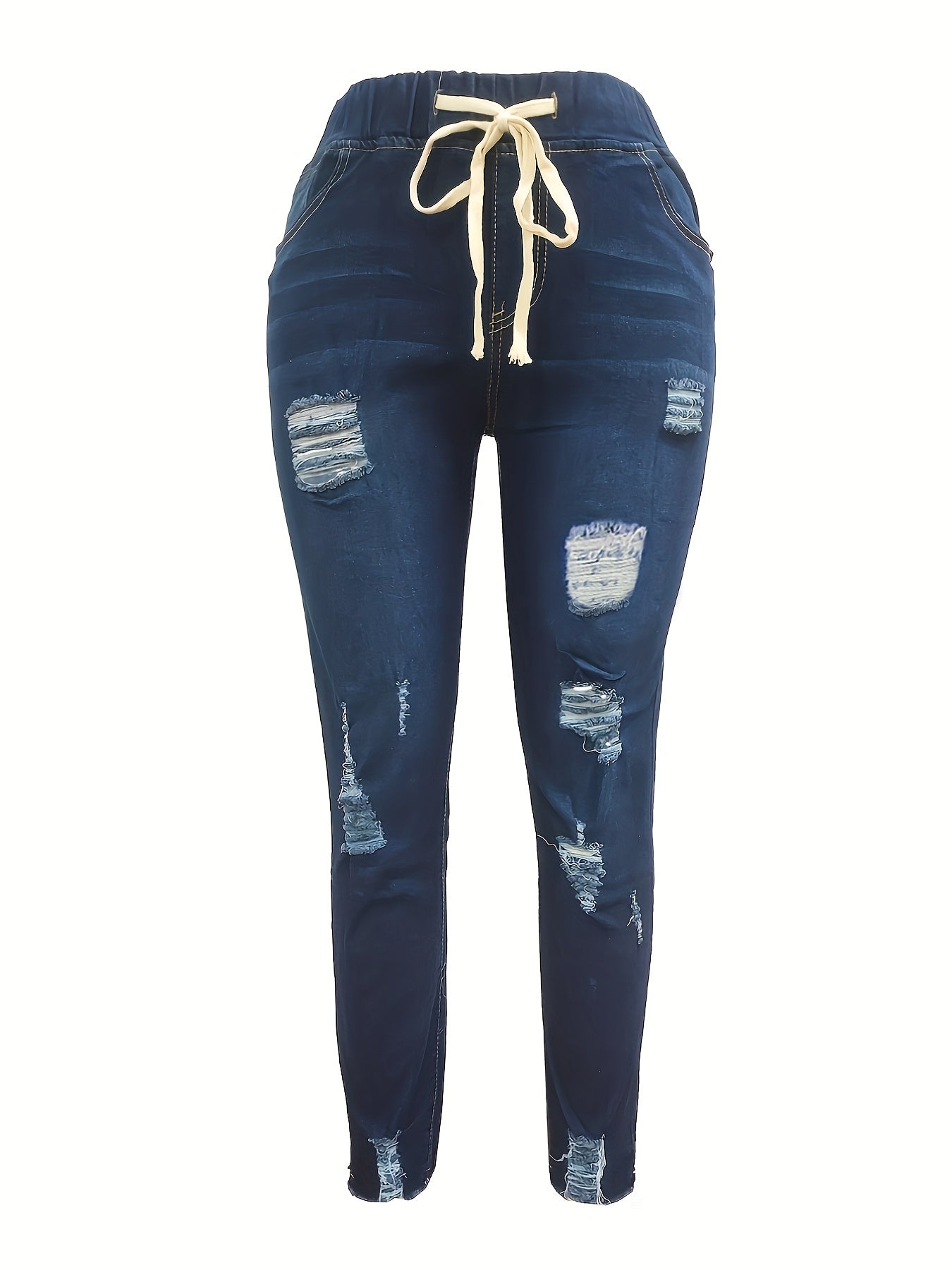 Women's High Waist Ripped Denim Jeans - Casual Raw Hem Slash Pocket Skinny Stretch Pants