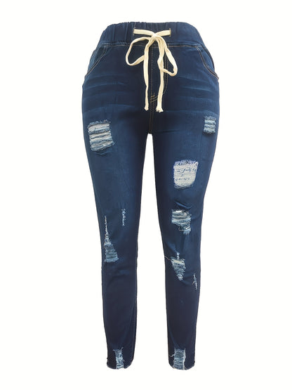 Women's High Waist Ripped Denim Jeans - Casual Raw Hem Slash Pocket Skinny Stretch Pants