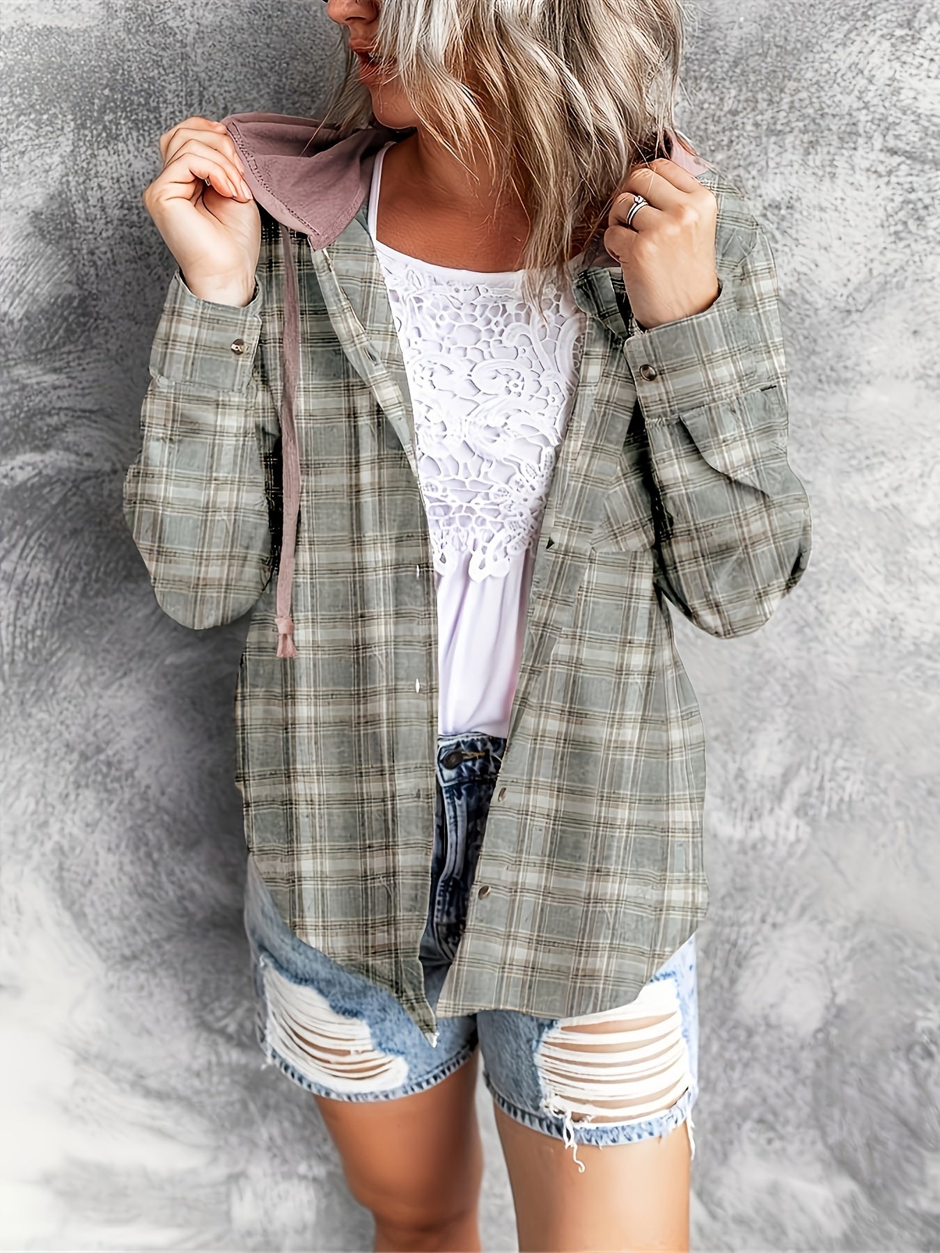 Plaid Print Hooded Shirt - Casual Long Sleeve Drawstring Shirt Hoodie - Various Color Options