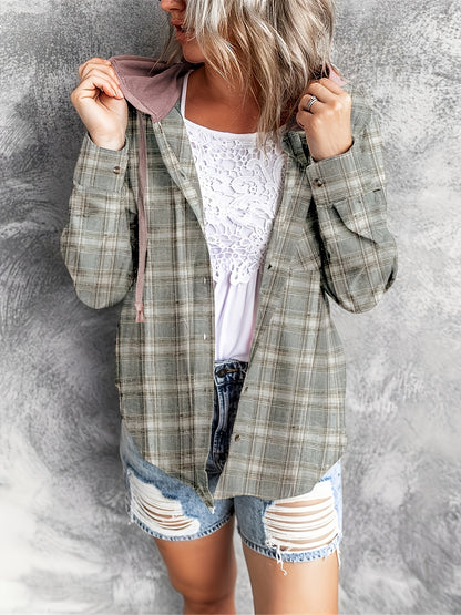 Plaid Print Hooded Shirt - Casual Long Sleeve Drawstring Shirt Hoodie - Various Color Options