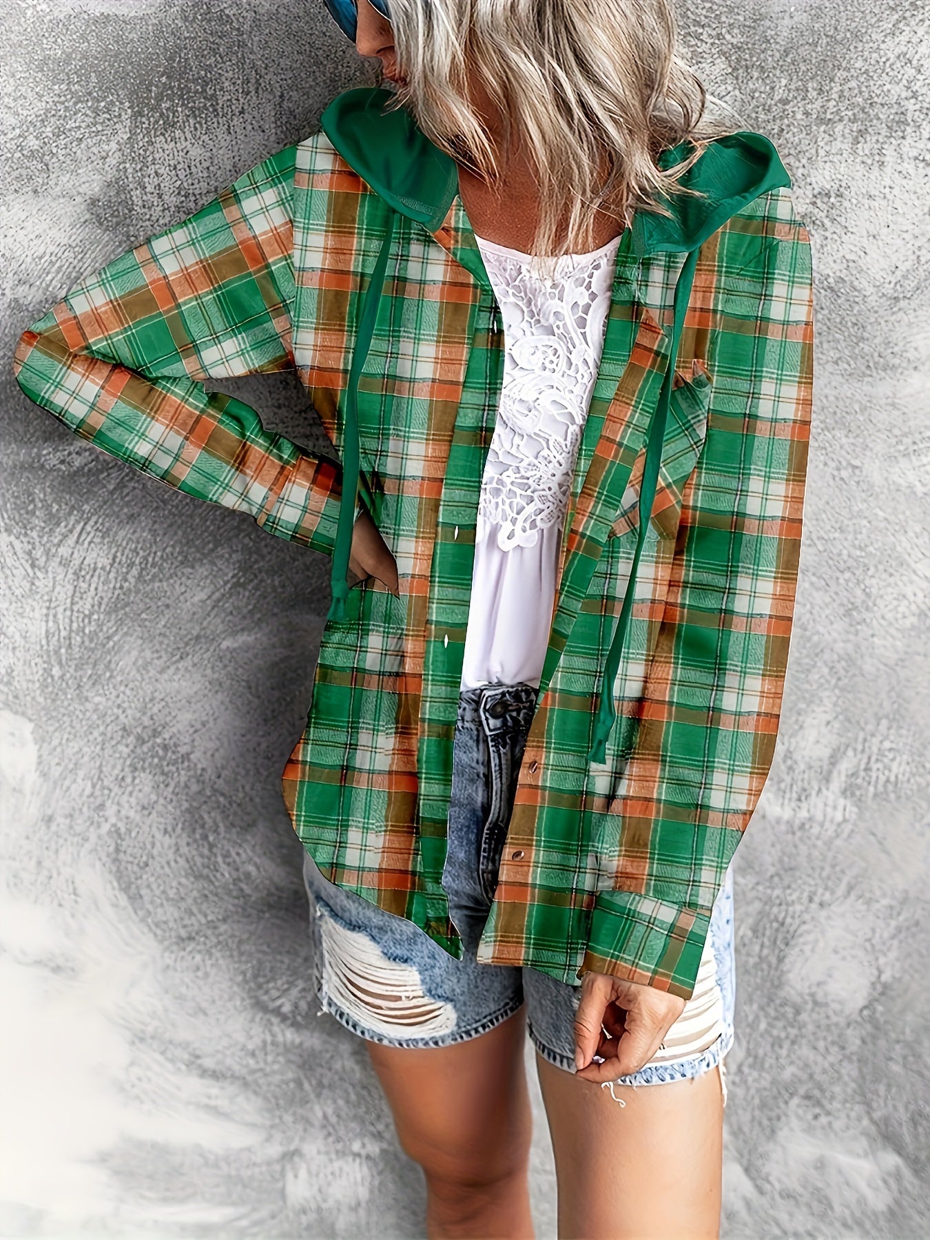 Plaid Print Hooded Shirt - Casual Long Sleeve Drawstring Shirt Hoodie - Various Color Options