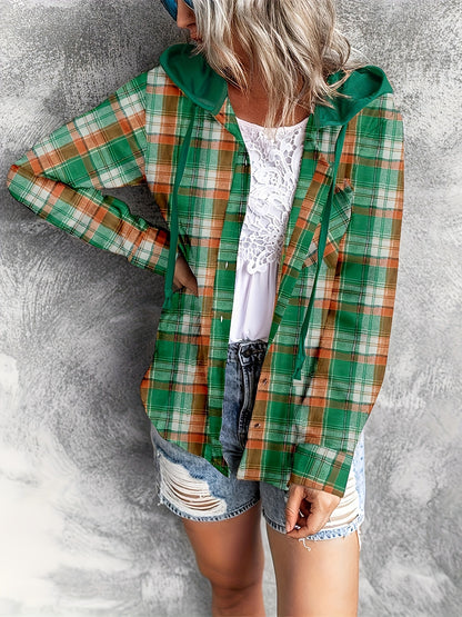 Plaid Print Hooded Shirt - Casual Long Sleeve Drawstring Shirt Hoodie - Various Color Options