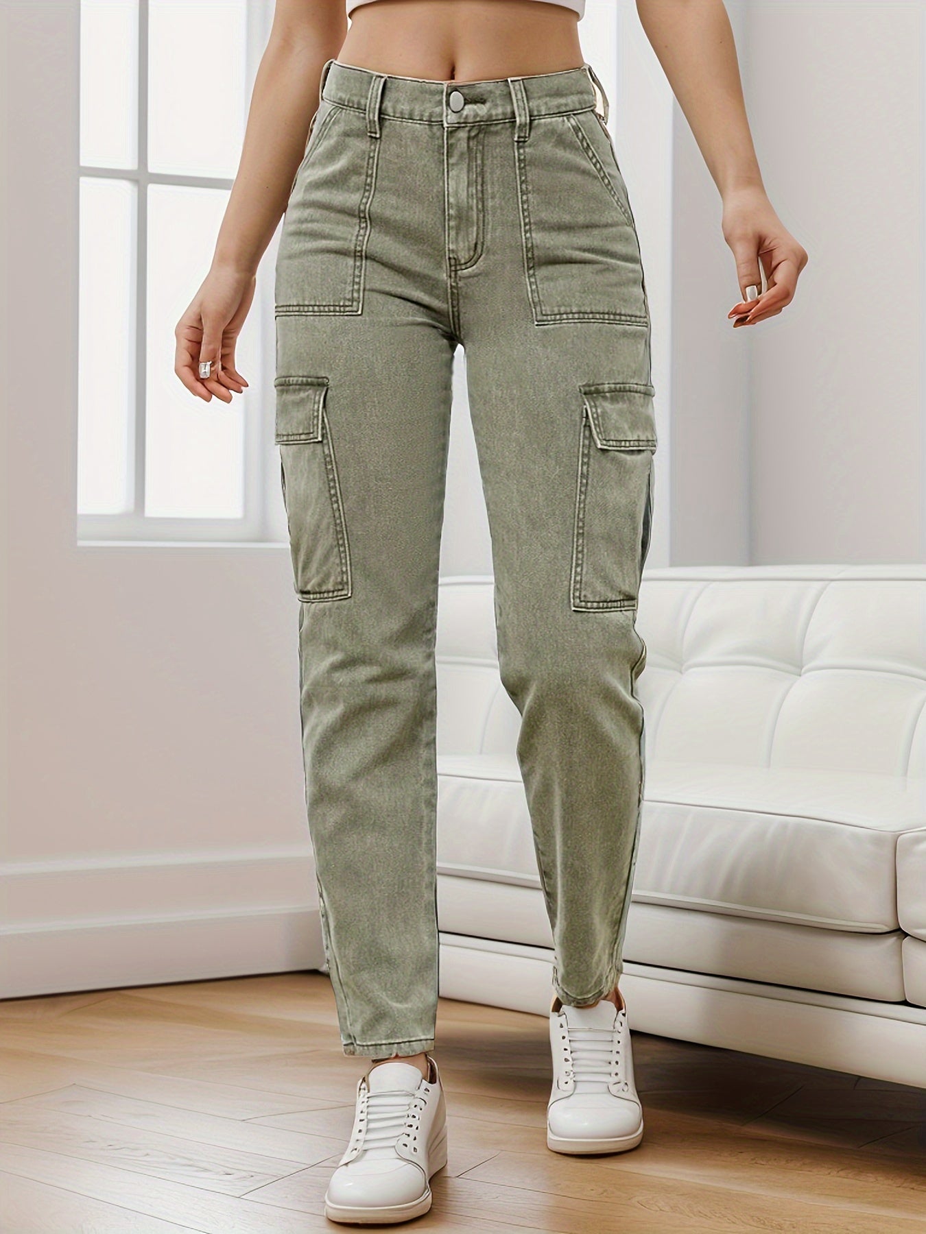 Vaqueros cargo con bolsillo con solapa lateral verde liso, pantalones vaqueros informales de talle medio