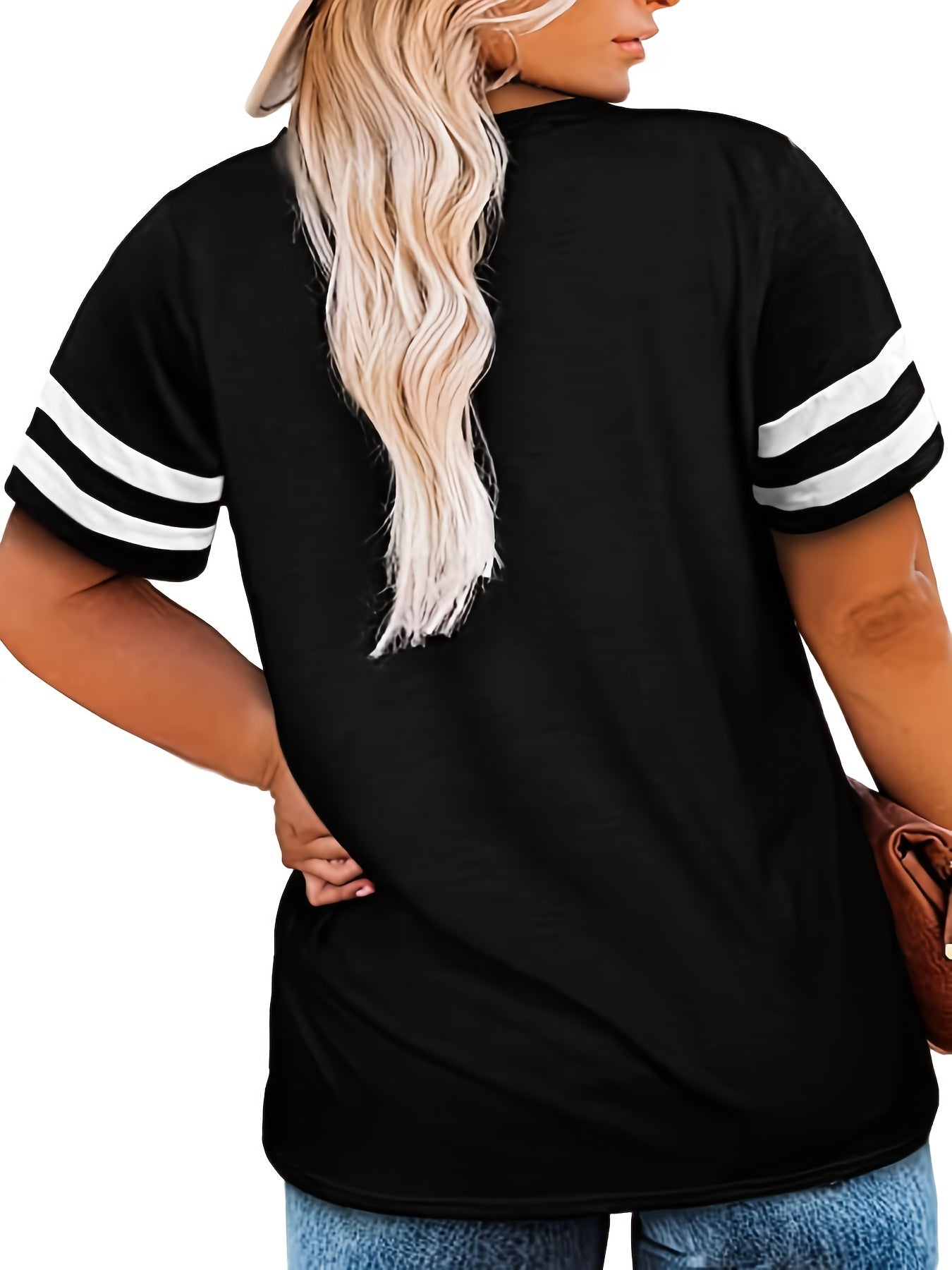 Camiseta con cuello en V y bloques de color de talla grande para mujer - Camiseta informal de manga corta ligeramente elástica - XL, 2XL, 3XL, 4XL, 5XL, 6XL, 7XL, 8XL 
