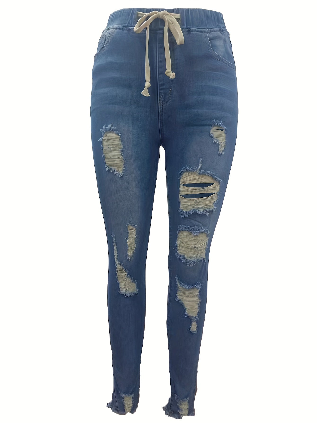 Women's High Waist Ripped Denim Jeans - Casual Raw Hem Slash Pocket Skinny Stretch Pants