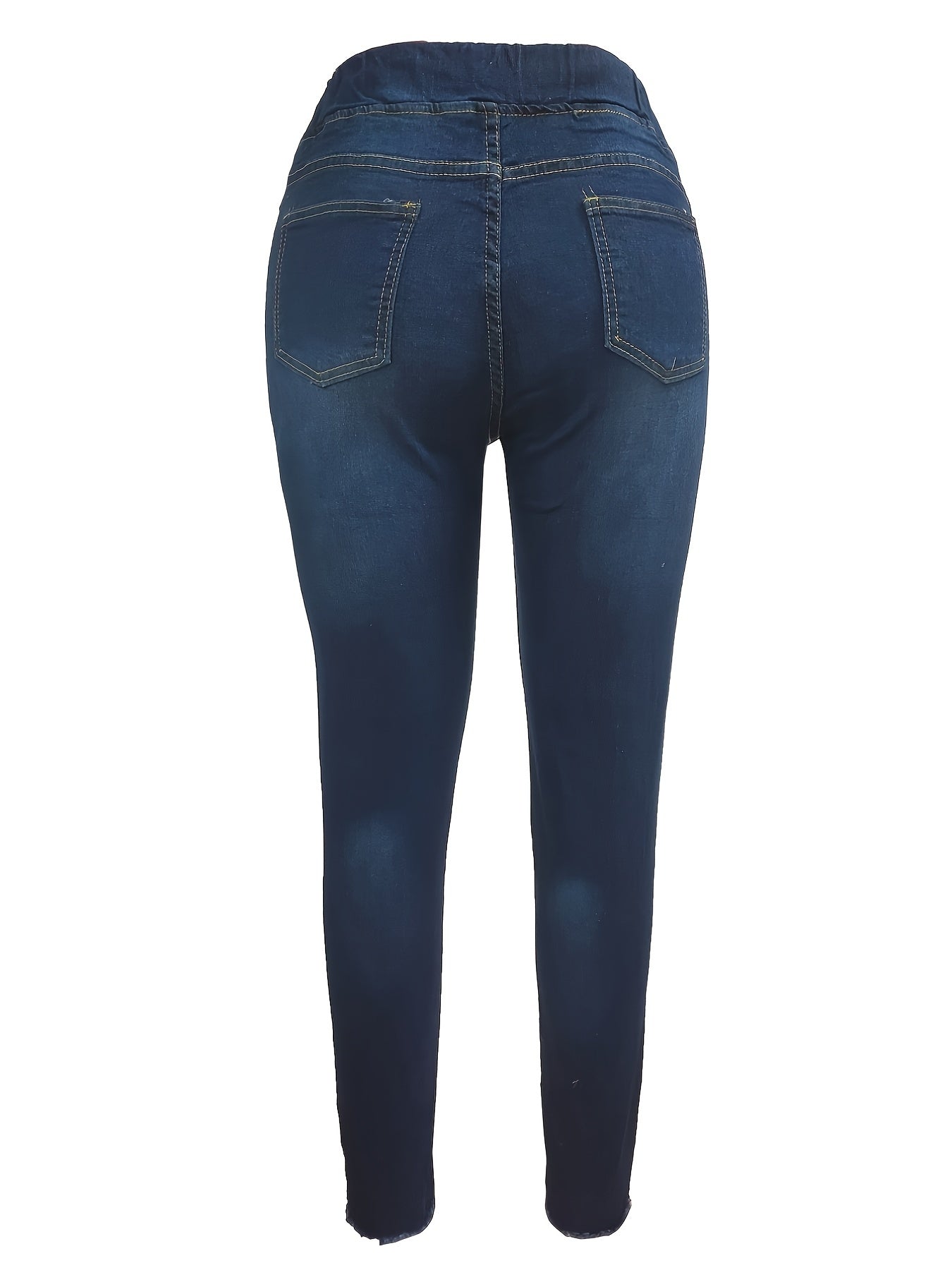 Women's High Waist Ripped Denim Jeans - Casual Raw Hem Slash Pocket Skinny Stretch Pants