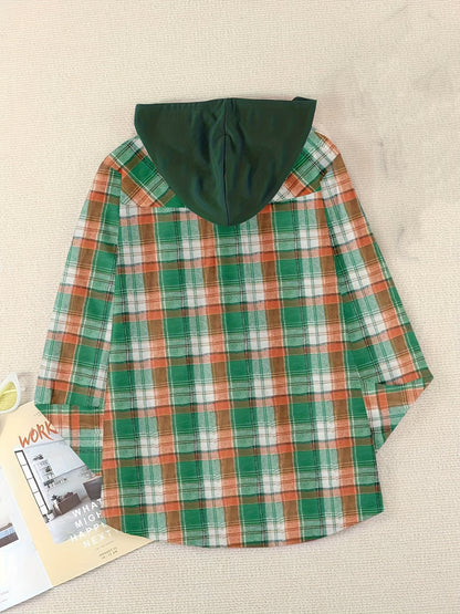 Plaid Print Hooded Shirt - Casual Long Sleeve Drawstring Shirt Hoodie - Various Color Options