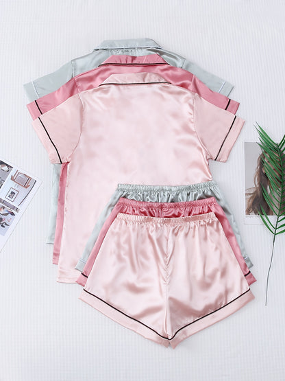 3 Sets Satin Pajama Set, Short Sleeve Lapel Top & Bow Shorts, Women's Sleepwear & Loungewear