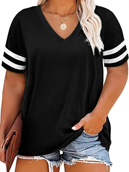 Camiseta con cuello en V y bloques de color de talla grande para mujer - Camiseta informal de manga corta ligeramente elástica - XL, 2XL, 3XL, 4XL, 5XL, 6XL, 7XL, 8XL 
