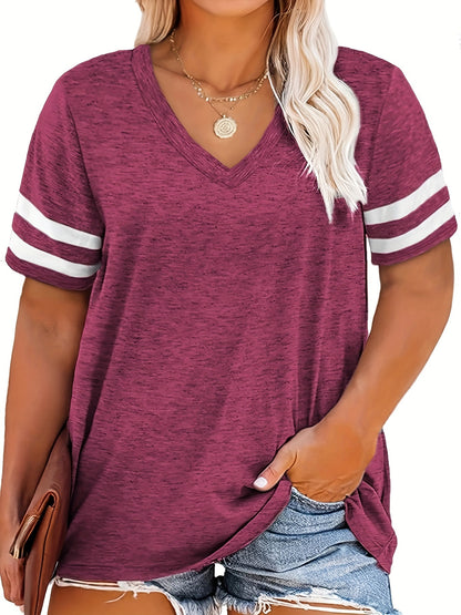 Camiseta con cuello en V y bloques de color de talla grande para mujer - Camiseta informal de manga corta ligeramente elástica - XL, 2XL, 3XL, 4XL, 5XL, 6XL, 7XL, 8XL 