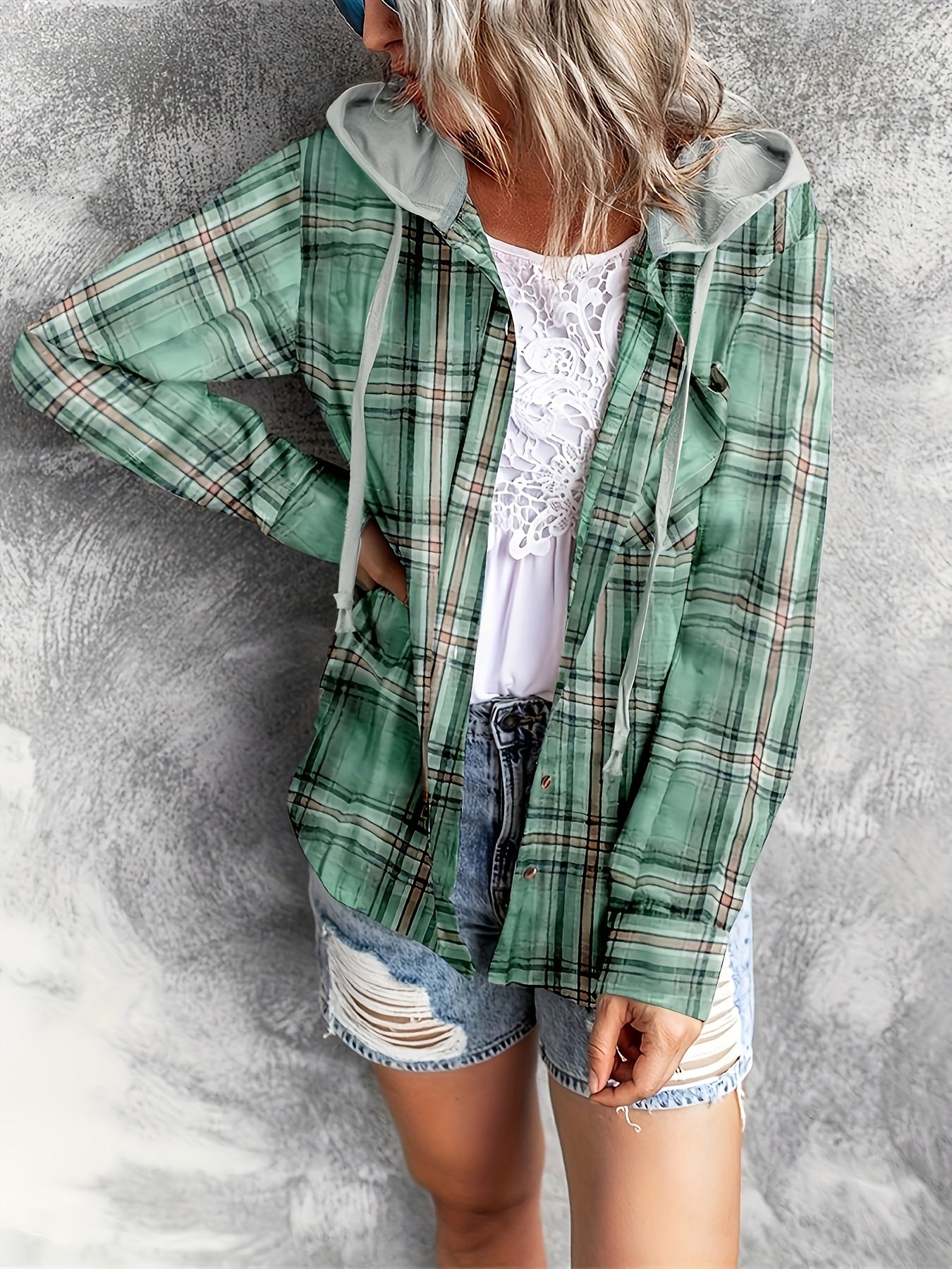 Plaid Print Hooded Shirt - Casual Long Sleeve Drawstring Shirt Hoodie - Various Color Options
