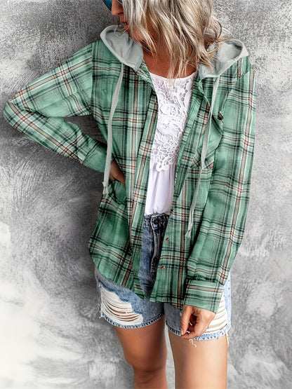 Plaid Print Hooded Shirt - Casual Long Sleeve Drawstring Shirt Hoodie - Various Color Options