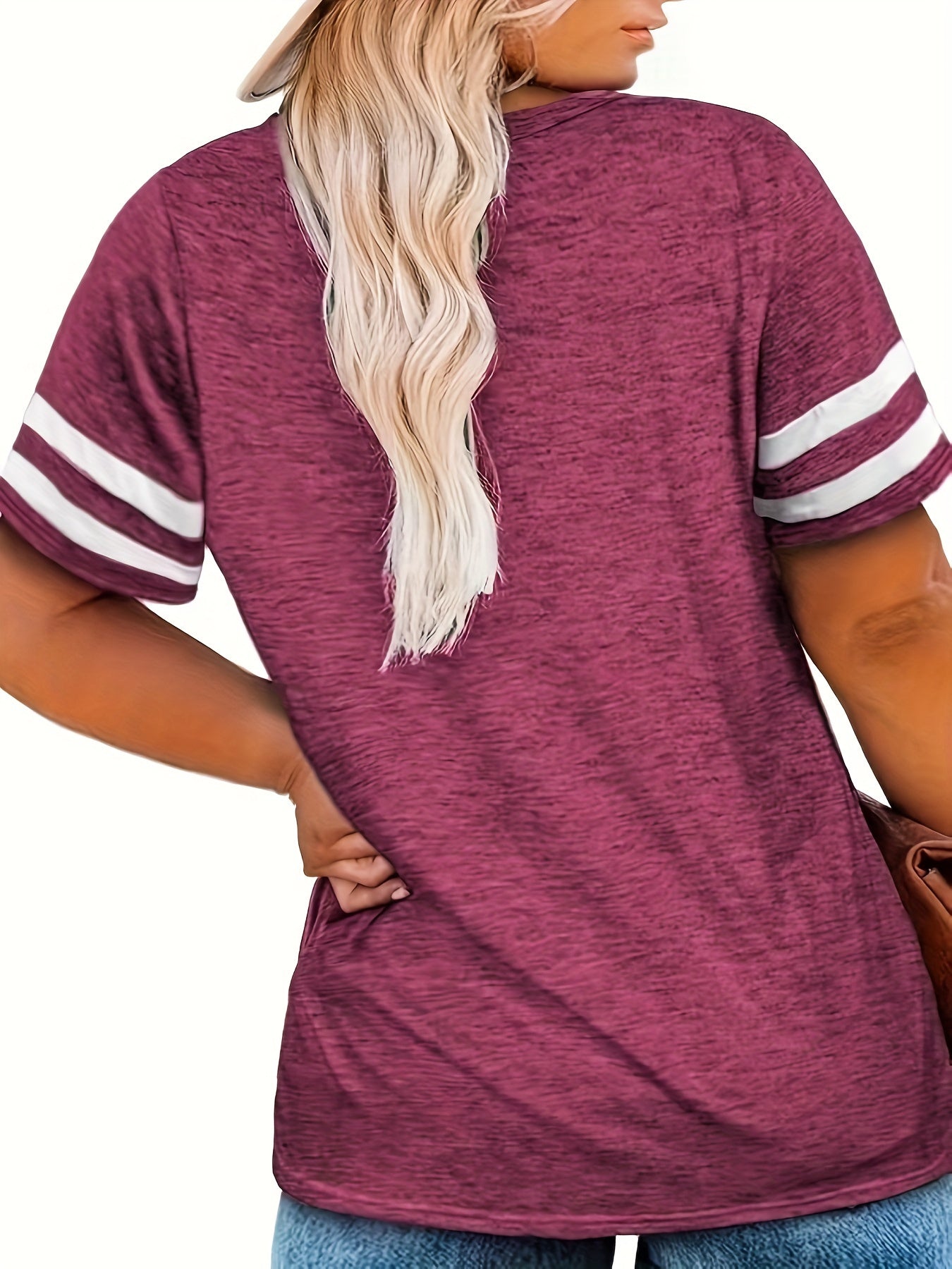 Camiseta con cuello en V y bloques de color de talla grande para mujer - Camiseta informal de manga corta ligeramente elástica - XL, 2XL, 3XL, 4XL, 5XL, 6XL, 7XL, 8XL 