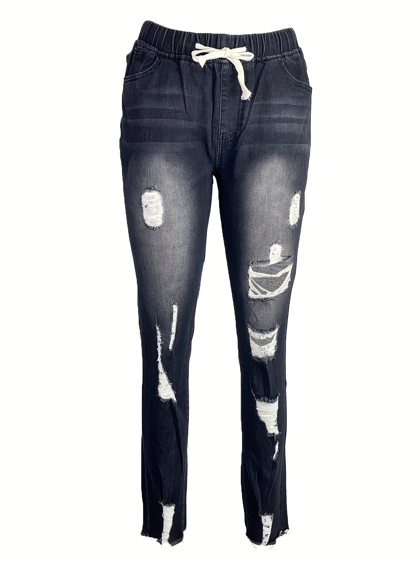Women's High Waist Ripped Denim Jeans - Casual Raw Hem Slash Pocket Skinny Stretch Pants