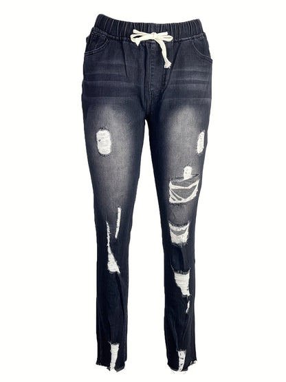 Women's High Waist Ripped Denim Jeans - Casual Raw Hem Slash Pocket Skinny Stretch Pants
