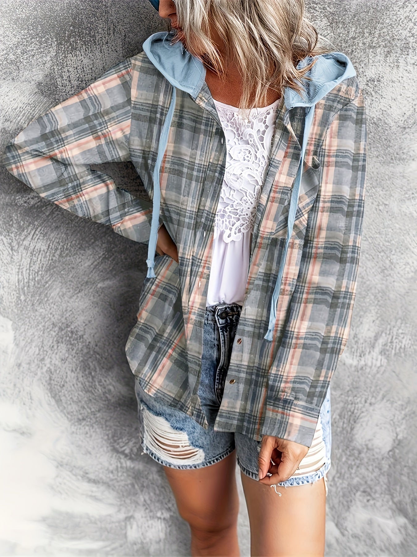 Plaid Print Hooded Shirt - Casual Long Sleeve Drawstring Shirt Hoodie - Various Color Options
