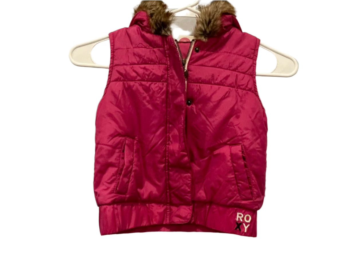 ROXY Girl's Hooded PUFFER VEST Pink Fur Trimmed Hood Size Small - Very Good