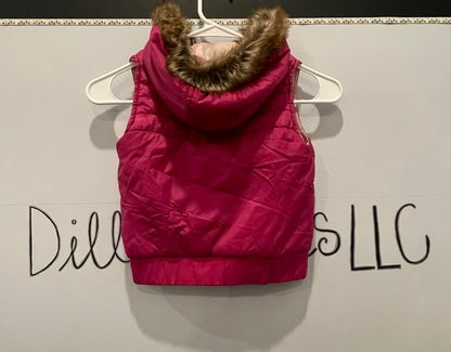 ROXY Girl's Hooded PUFFER VEST Pink Fur Trimmed Hood Size Small - Very Good