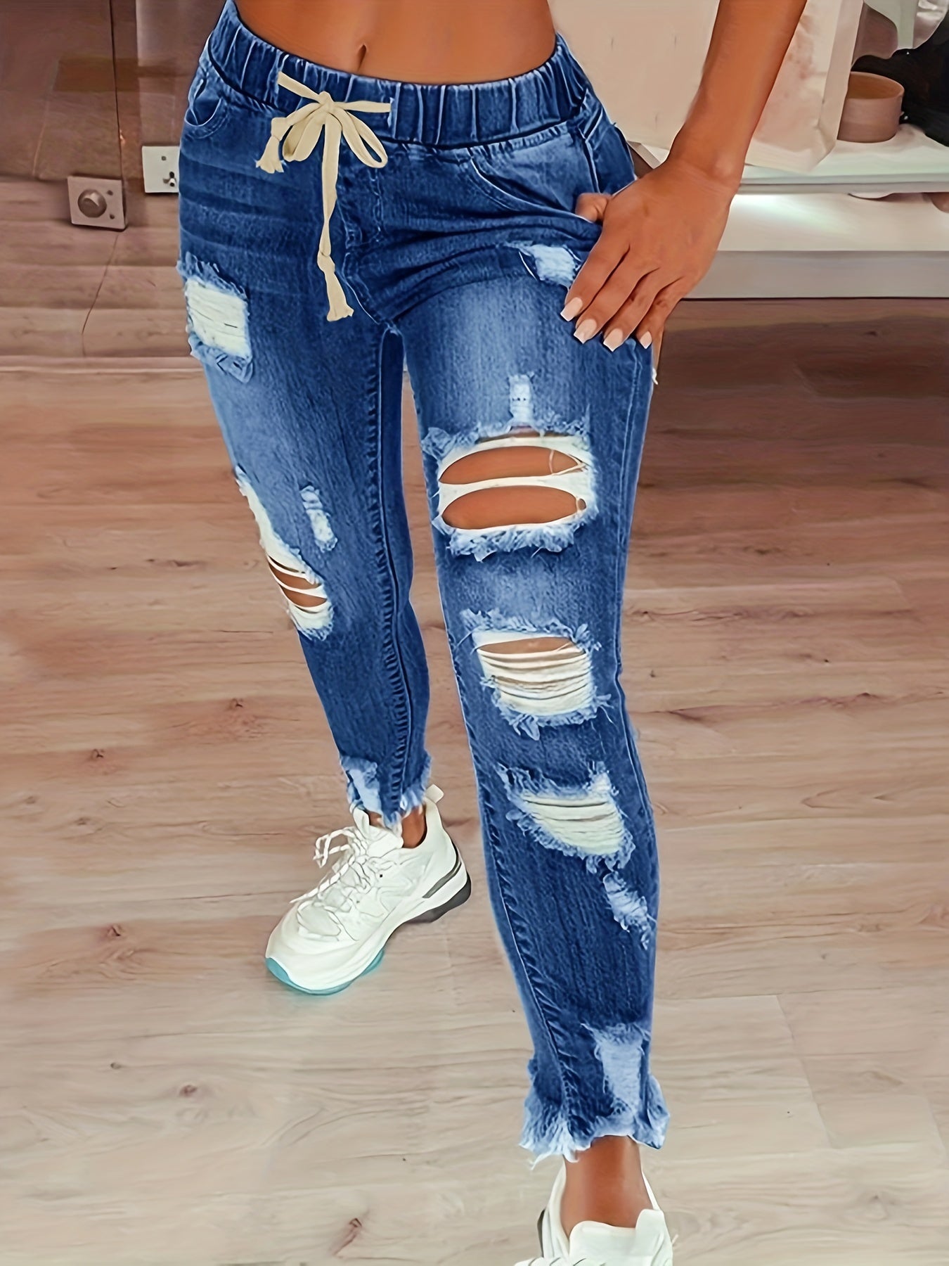 Women's High Waist Ripped Denim Jeans - Casual Raw Hem Slash Pocket Skinny Stretch Pants