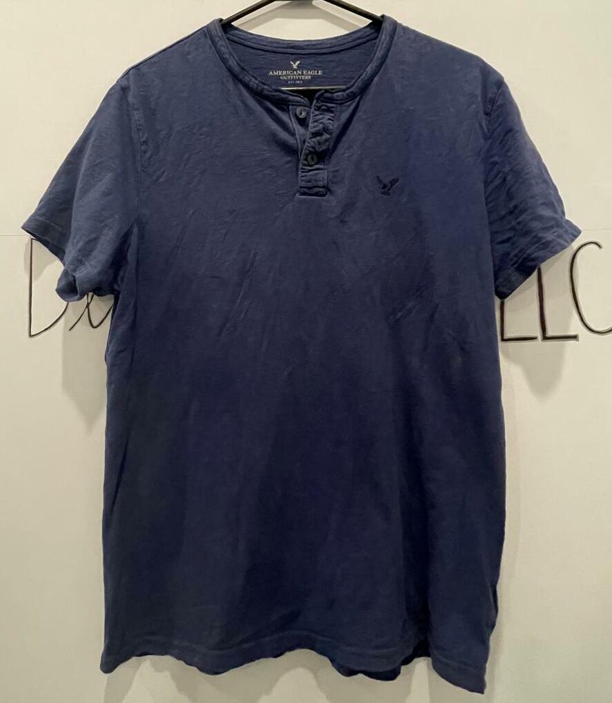 AMERICAN EAGLE Shirt Men's SZ M Navy Blue SS Button Henley Logo - Like New